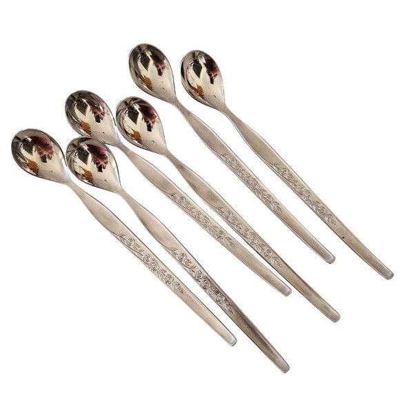 6 Elden Vintage Flower Ice Tea Spoons stainless 7.5" Rose Midcentury Colonial ED - Picture 1 of 8